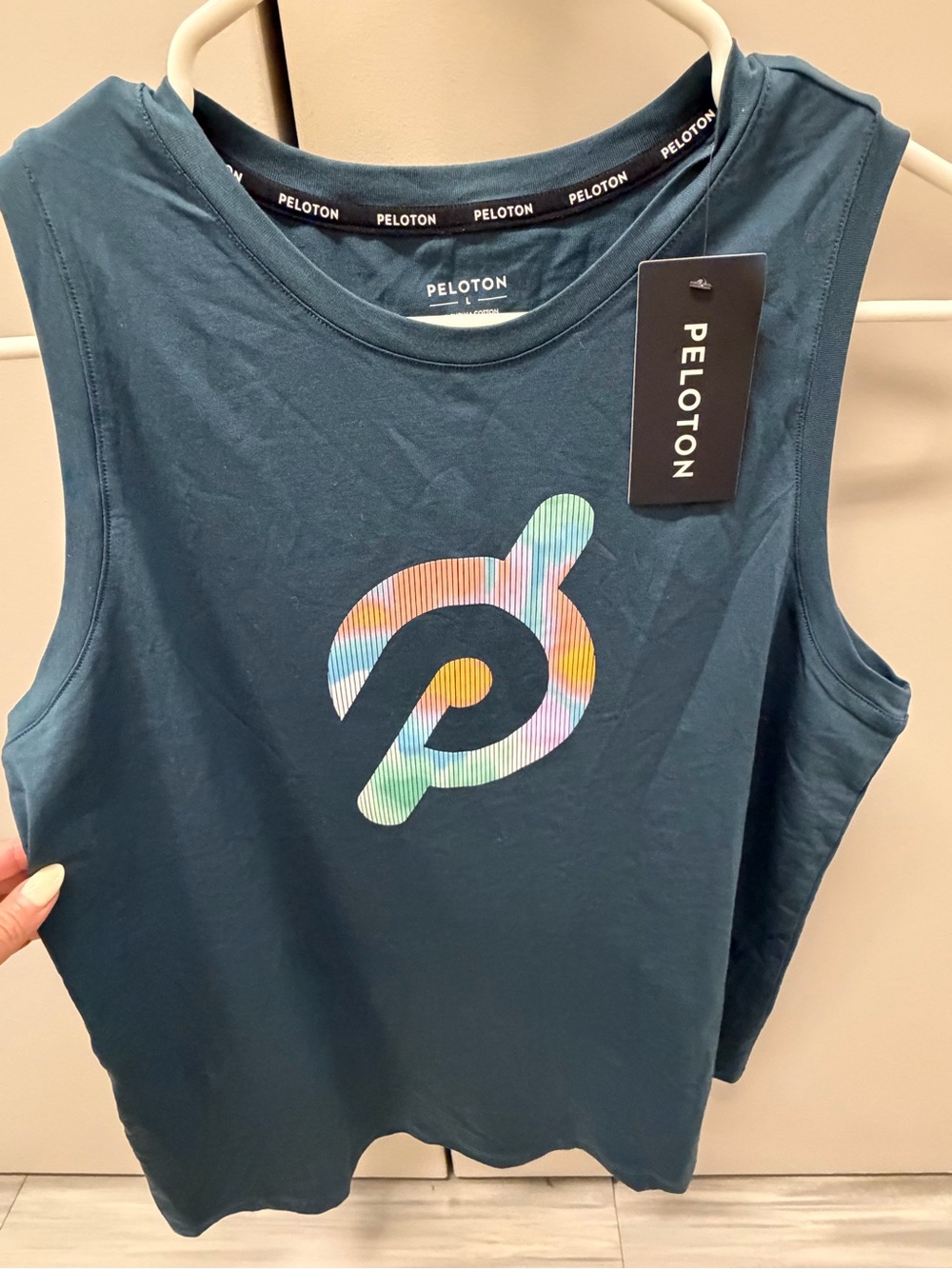 Peloton Women’s Navy Tank with Multicolor Logo- scoop muscle tank - L